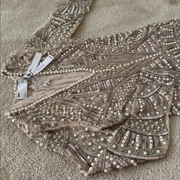 ASOS EDITION v neck pearl embellished mini dress in pale gold - Picture 8 of 11